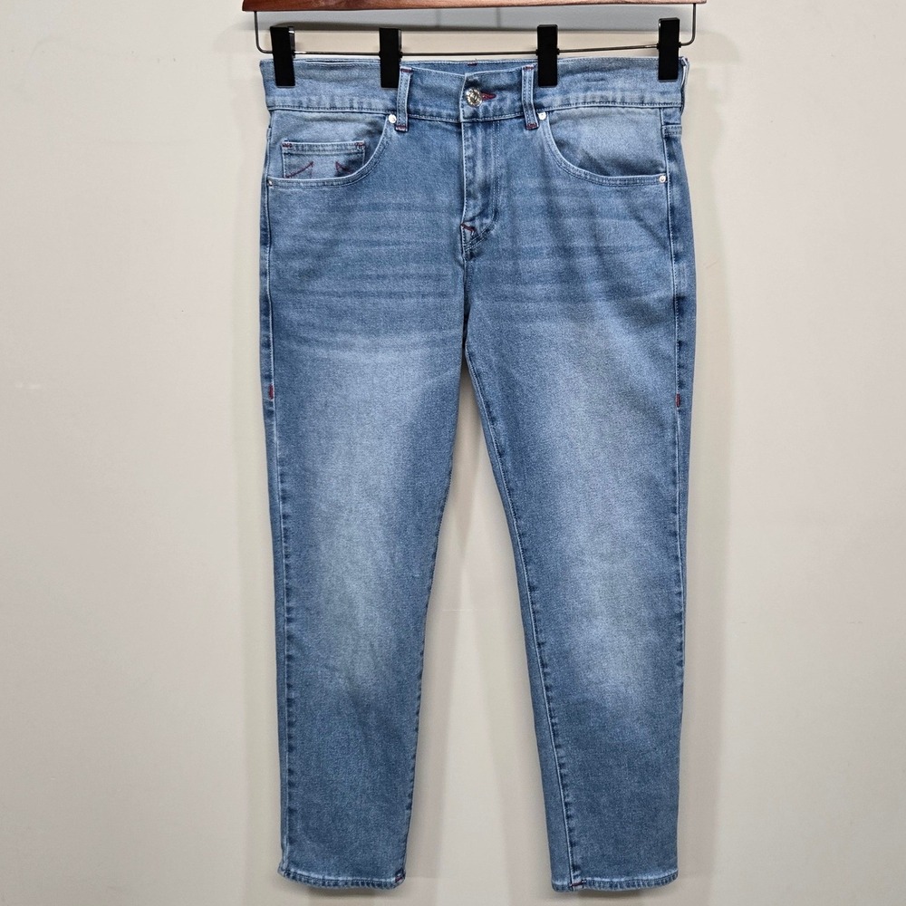 True Religion Geno Relaxed Slim Jeans 34 Light‎ Wash Red Stitch Logo Streetwear